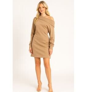 Marissa Webb So Relaxed Off the Shoulder Sweatshirt Mini Dress Medium Tan NWT